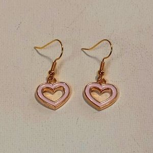Gold Plated Pink Enamel Hollow Heart Earrings